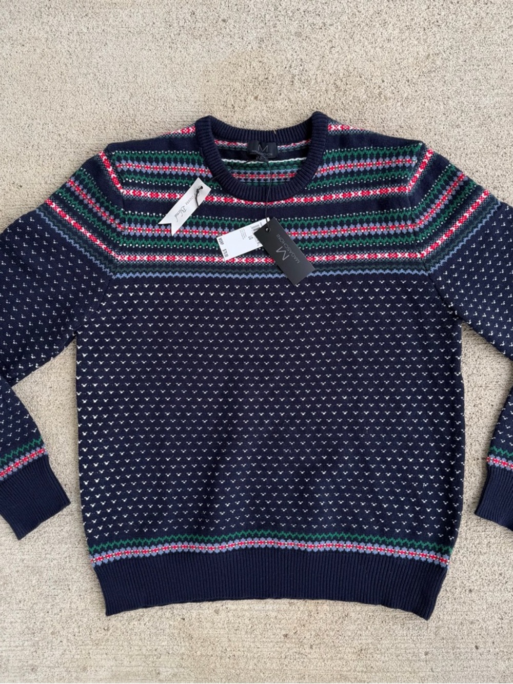 Magaschoni Men Navy Fair Isle Nordic Crewneck Sweater Multicolor Accents Size L